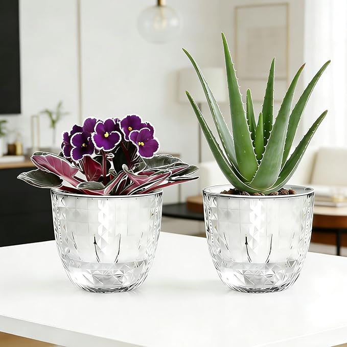 2 Pack 6 inch Self Watering Pots Planters for Indoor Plants, African Violets Pots with Wick Rope, Modern Plastic Nursery Pots for All House Plants,Flowers Succulents,Herbs,Cactus,Orchids