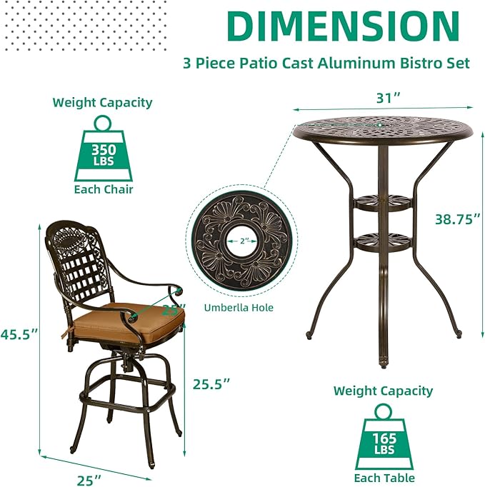 VIVIJASON 3-Piece Outdoor Swivel Bar Stools Set, All Weather Cast Aluminum Patio Bar Height Bistro Set with 2 Cushioned Bar Chairs & 31" High Bar Table w/Umbrella Hole for Backyard, Lawn, Garden