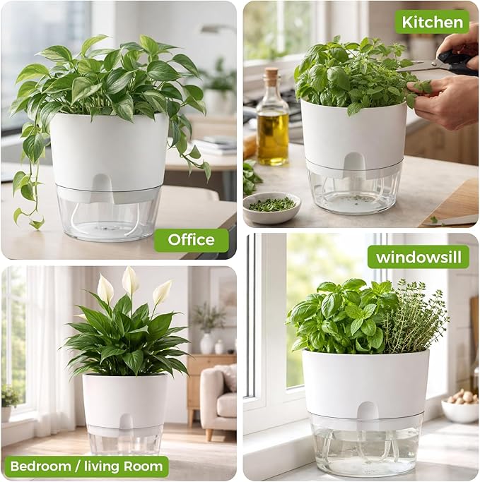 Planterhoma 5 Pack Self Watering Pots for Indoor Plants, 9 Inch Plant Pot Plastic Self Watering Planter for Orchid, Monstera, Lily, Large Clear Flower Pots with Drainage Holes and Wicking Rope, White