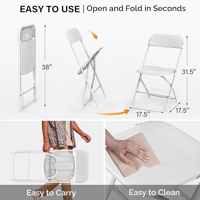 VINGLI 2 Pack White Plastic Folding Chair, Indoor Outdoor Portable Stackable Commercial Seat with Steel Frame 350lb. Capacity for Events Office Wedding Party Picnic Kitchen Dining