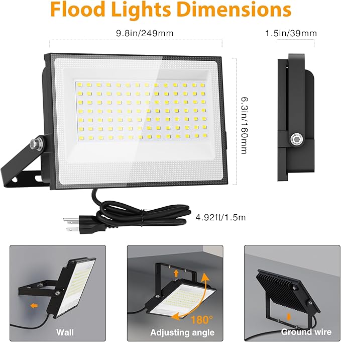 Onforu 120W Flood Lights Outdoor, 12000lm Bright LED Work Light with Plug, 6500K Daylight White LED Flood Lighting, IP66 Waterproof Security Yard Lights for Yard Garage Stadium 4 Pack