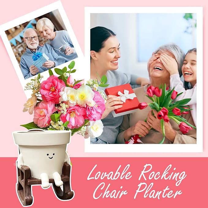 Smiley Face Planter Pot Small, Cute Resin Flower Head Planters for String of Pearls Plant Live Indoor Outdoor Unique Sit Rocking Chair Succulent Pots Gift Ideas for Family Friends with Drainage Hole
