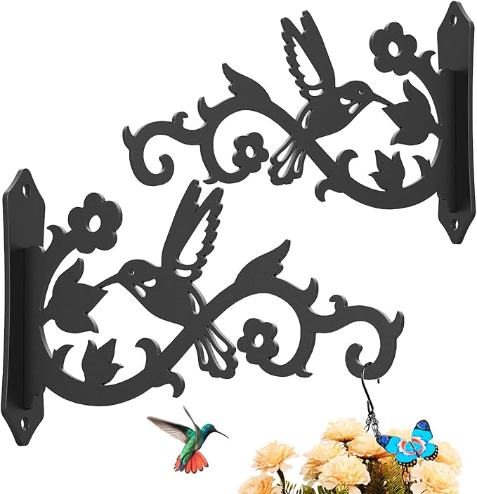 Kingsyard 2-Pack Wall Plant Hangers Outdoor Indoor, 8 Inch Heavy Duty Solid Metal Brackets with Bird Design, Anti Rust Plant Hooks for Plants, Bird Feeders, Lanterns, Wind Chimes, Hummingbird Design