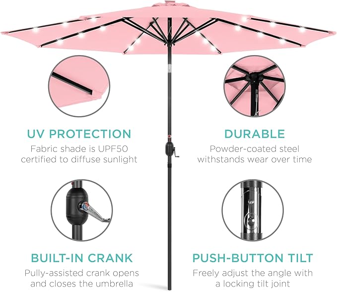 Best Choice Products 10ft Solar Polyester LED Lighted Patio Umbrella w/Tilt Adjustment and UV-Resistant Fabric