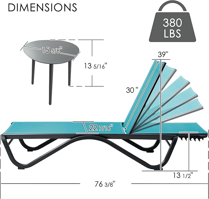 Kozyard Outdoor Chaise Lounge Chair, Full Aluminum Frame, Adjustable Reclining Patio Lounger for Poolside, Sunbathing & Backyard, Textilene (Aqua, 2Chairs + Table)