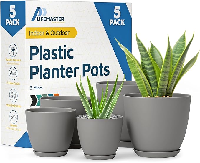 Planter Pots with Drainage Holes - Lightweight, Durable & Space-Saving Pots for Indoor and Outdoor - Versatile Functionality, Simple Modern Design, Set of 5 Plastic Planter Pots - Gray