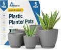 Planter Pots with Drainage Holes - Lightweight, Durable & Space-Saving Pots for Indoor and Outdoor - Versatile Functionality, Simple Modern Design, Set of 5 Plastic Planter Pots - Gray