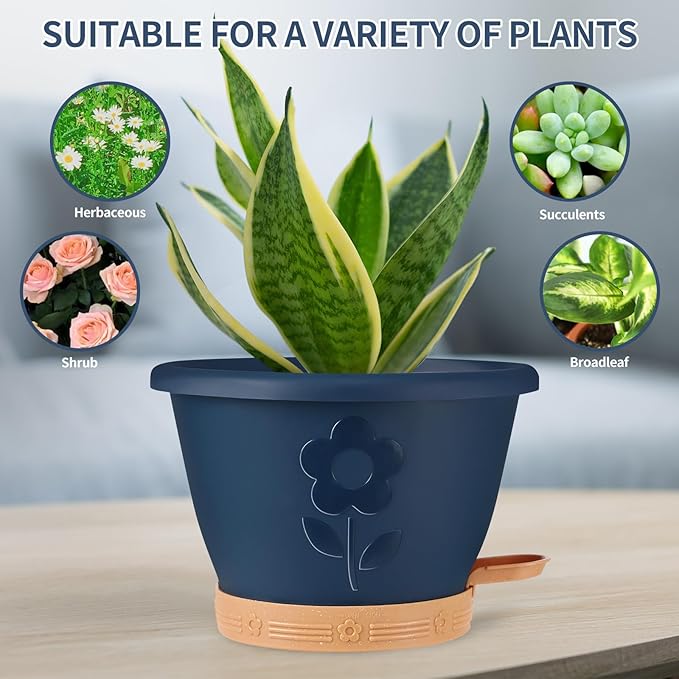 Plastic Plant Pots 10 Inch Set of 4, Self Watering Pots with Drainage Holes, Saucer & Reservoir, Flower Pots for Indoor/Outdoor Plants, Decorative Nursery Planting Pots (Multicolor)
