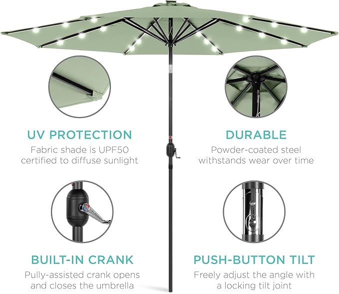 Best Choice Products 10ft Solar Polyester LED Lighted Patio Umbrella w/Tilt Adjustment and UV-Resistant Fabric