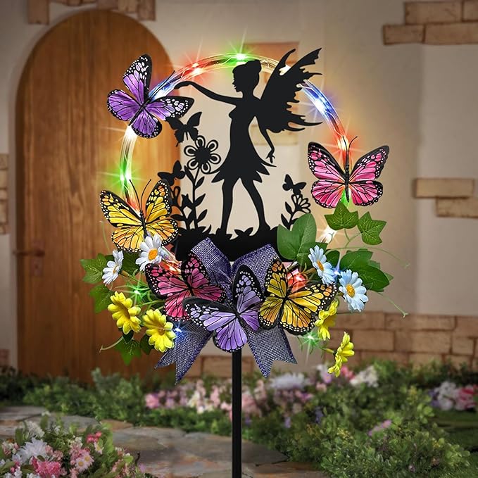 Solar Fairy Garden Decor, Silhouette Fairy with Butterflies Garden Stake,Waterproof for Outside,Walkway,Yard,Lawn,Patio