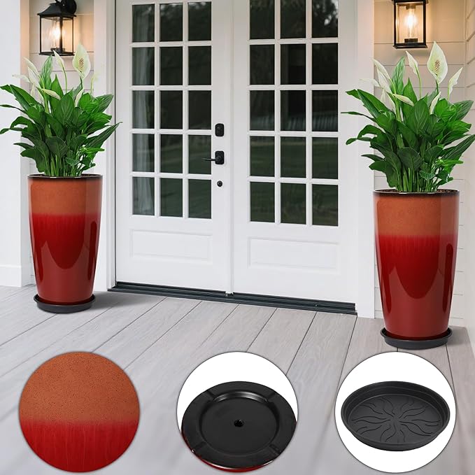 Set of 2 Lightweight Ceramic-Look Tall Planter, 21 inch Large Plastic Planter with Drain Hole & Saucers, Large Outdoor Planters for Porch, Garden, Patio, Balcony(Fiery Red)