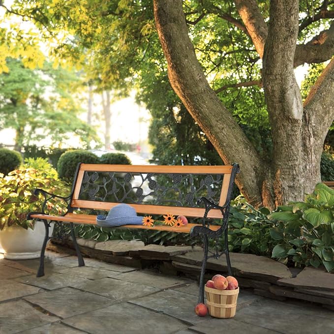 VINGLI Outdoor Bench Metal Garden Bench, Wood Patio Benches w/PVC Backrest Cast Iron Love Seat Park Benches for Porch Yard (Rose)