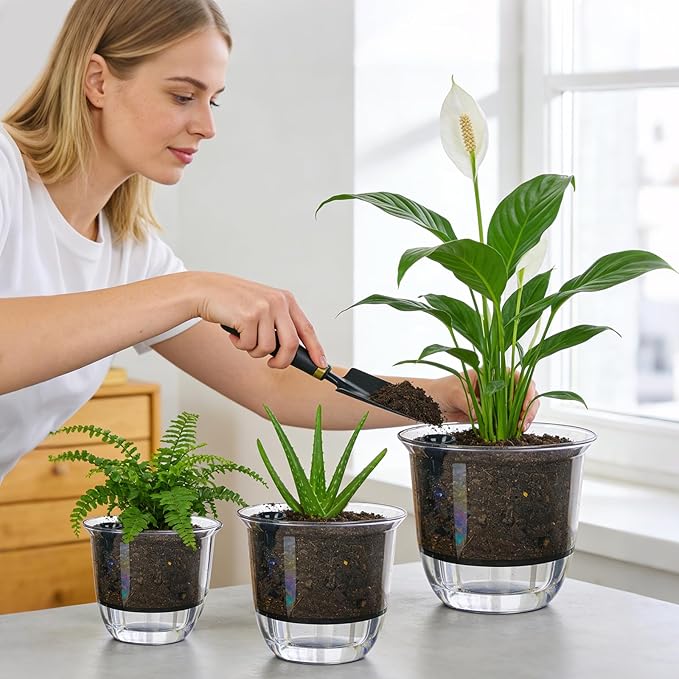 Self Watering Pots, 3 Pack 6.5/5/4 Inch Clear Plant Pot Self Watering Planter Flowers Pot with Deep Reservoir for Indoor Plants (3 Medium)
