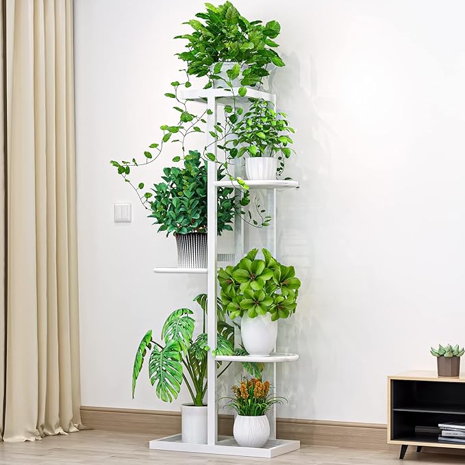 LINZINAR Plant Stand Metal 5 Tier 6 Potted Multiple Flower Pot Holder Shelf Indoor Outdoor Planter Display Shelving Unit for Patio Garden Corner Balcony Living Room (5 Tier 6 Potted, White)