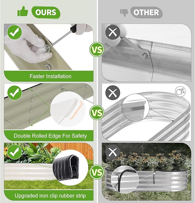 Galvanized Raised Garden Bed - 8x2x1FT Metal Planter Boxes Outdoor | Oval Steel Raised Bed Kit for Gardening with Protective Tape, Bracing Rods, Gloves for Vegetables, Flower, Herb (White)