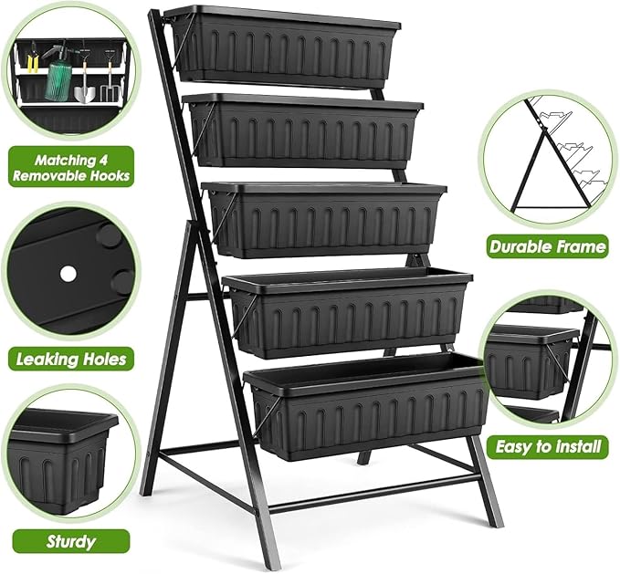 SEJOV 2 Pack Vertical Raised Garden Bed, 5 Tiers Elevated Planter Box for Herbs Vegetables Flowers, Graden Vertical Planter with Drainage System for Patio Balcony Garden Outdoor Indoor Plants, Black