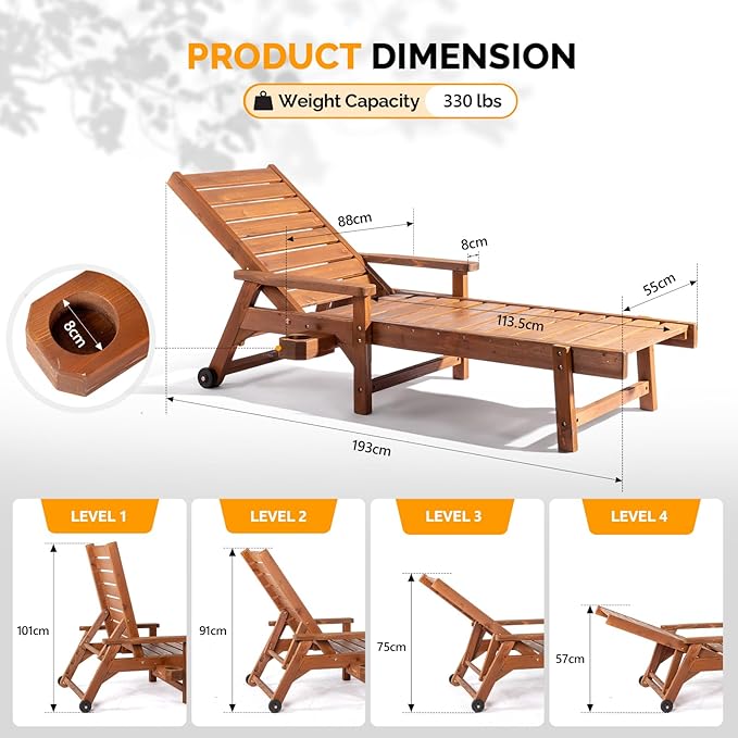 VINGLI Outdoor Chaise Lounge Chair, Wooden Patio Lounger Chair with Adjustable Backrest, Pool Chaise Lounge with Cup Holder & Wheels for Sunbathing Poolside Beach, Brown