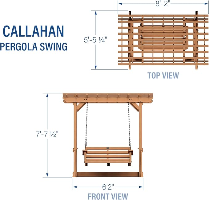 Backyard Discovery Callahan 8' x 5' Cedar Wood Outdoor Patio Pergola Swing Bench with Trellis, Two-Person Seating, Chains, Water Resistance, 600 Lb Weight Capacity for Porch, Patio, Deck, Garden