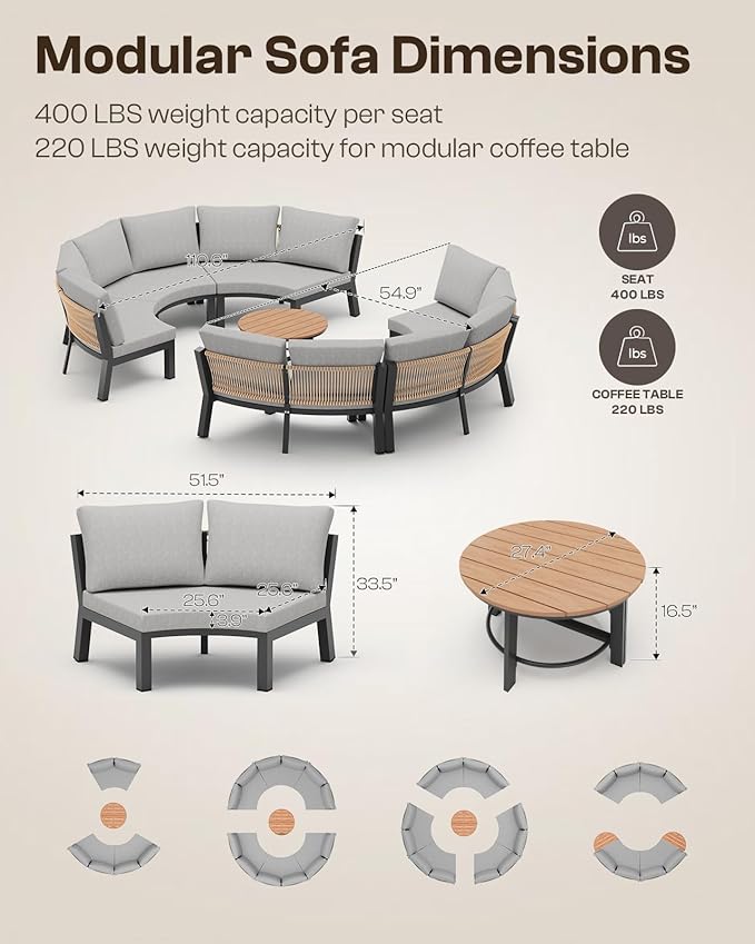 Outdoor Patio Furniture Set, 7 Piece Aluminum Curved Outdoor Sectional Sofas with Modular Coffee Table, PE Rope Patio Conversation Sets, All-Weather Patio Sofa Sets with Cushions, Gray