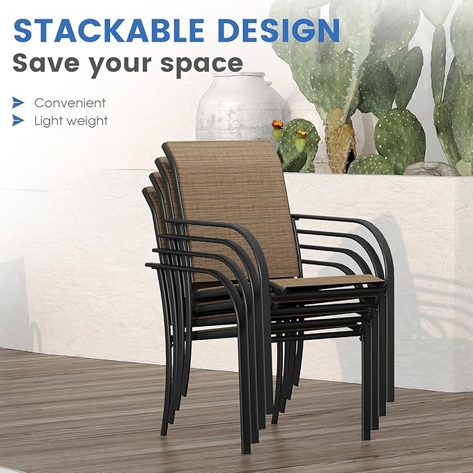 VICLLAX Patio Dining Set for 6, All Weather Metal Outdoor Furniture Set- 47" Round Patio Table and Chairs, Walnut Tabletop and Brown Fabric