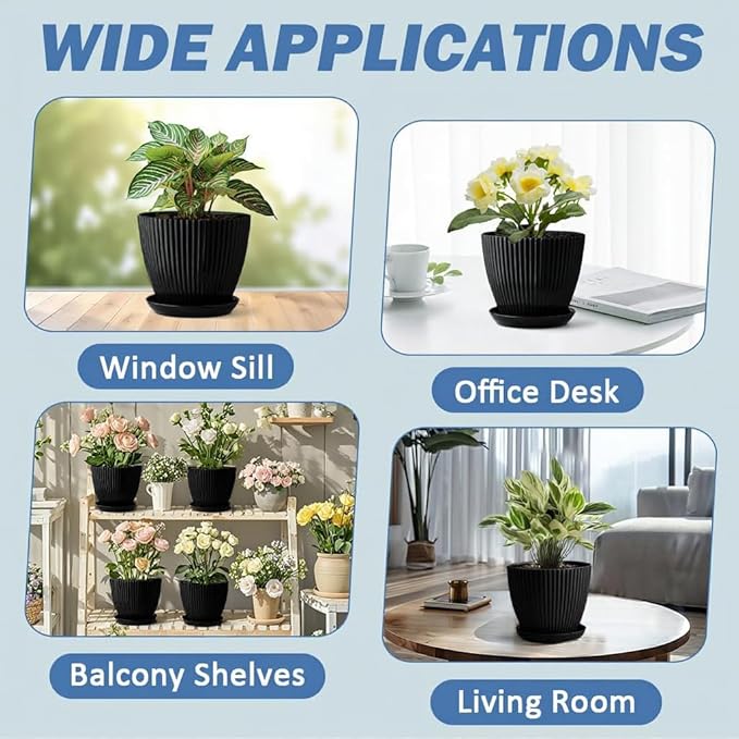 7.5 Inch Black Thickened Plastic Plant Pots with Saucers, 6-Pack Modern Seedling Planters for Indoor Outdoor Plants, Durable Heavy-Duty PP Material for Herbs Flowers Vegetables (＜8 inch)