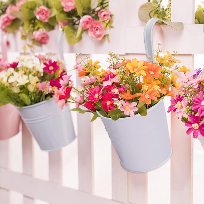 KINGLAKE Flower Pots,10 Pcs Metal Iron Hanging Flower Plant Pots Balcony Garden Plant Planter Baskets Fence Bucket Pot 4'' Flower Holders with Detachable Hook White