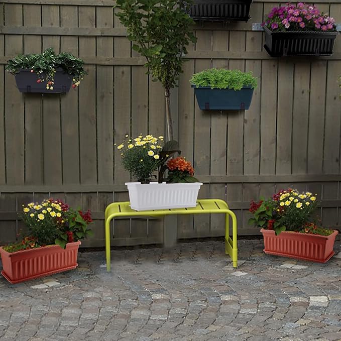 GREANER Rectangle Planters for Indoor Plants, 3 Pack Long Outdoor Plastic Flower Boxes Vegetable Growing Pots 16.9x7.48 Inch with Tray for Garden Balcony Windowsill House DIY - Black
