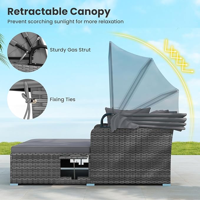 Tangkula Patio Rattan Daybed with Retractable Canopy, Outdoor Wicker Sunbed Lounger with 2 Foldable Side Tables, Thick Seat & Back Cushions, Outside Double Daybed for Garden, Backyard, Porch, Grey
