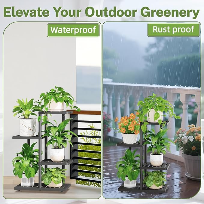 iDavosic.ly Plant Stand Indoor Outdoor, 3-Tier Tall Metal Flower Shelf for Heavy-Duty Large Planters, Corner Orchid Display Rack for Living Room Balcony Patio Porch, Space Saving, Modern Black