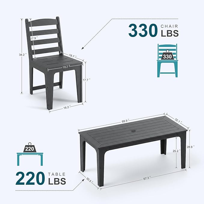HDPE Patio Dining Set for 6, Weather-Resistant Outdoor Table with Umbrella Hole, Never Sagging One-Piece Tabletop with Metal Support Bars for Poolside Backyard Garden (Black)