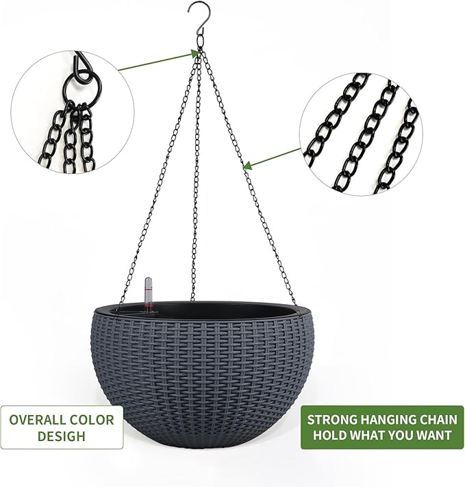 Dexceder 9 Inch Self Watering Hanging Planters Indoor Outdoor, Thickened Hanging Basket Flower Plant Pot with Water Level Indicator (Gray)