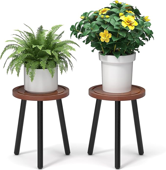 2-Pack Wood Plant Stands Indoor, 16.7" Tall Plant Stand Outdoor Mid-Century Plant Stool, Single Plant Table Modern Small Round Side/End Table for Living Room, Balcony, Office(Brown)