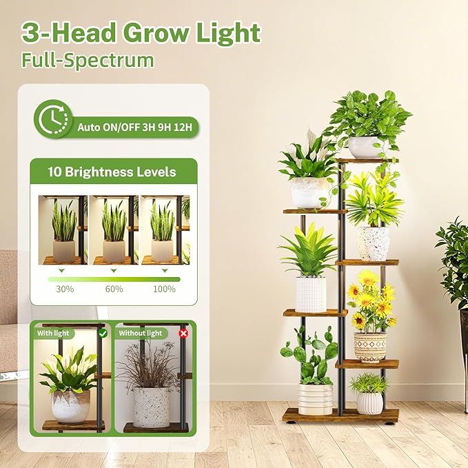 iDavosic.ly 5 Tier Plant Stand Indoor with Light, Tiered Corner Metal Wood Multiple Flower Holder Shelf, 42 Inch Tall Orchid Display Grow Rack for Living Room Bedroom, Modern Black & Rustic Brown