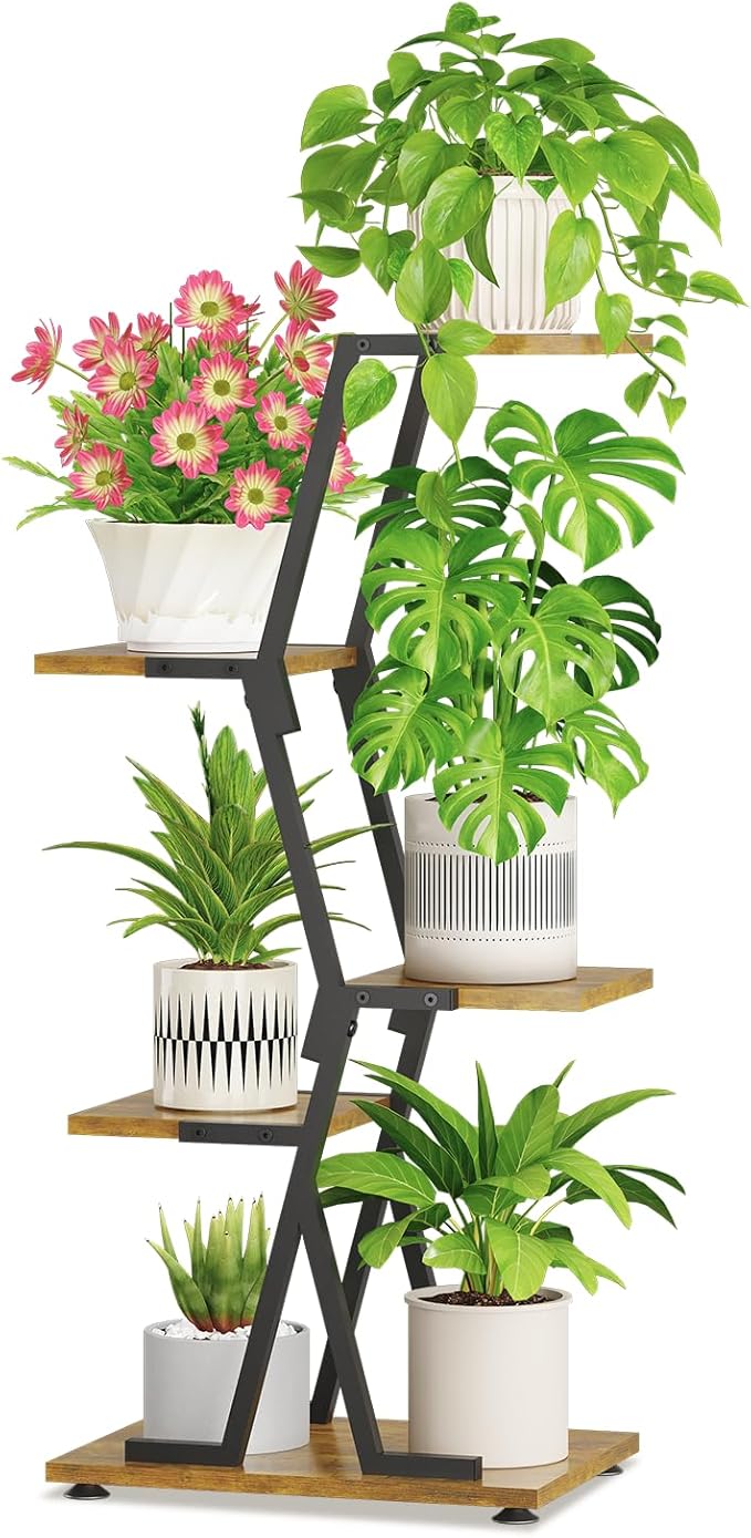 iDavosic.ly 4 Tier Indoor Plant Stand, Corner Tall Metal & Wood Flower Shelf, Orchid Display Rack for Living Room Balcony Patio Porch, Space Saving & Multifunctional Display, Black & Brown