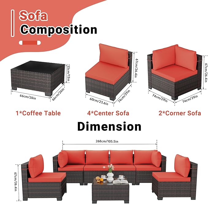LEVELEVE 7 Pieces Outdoor Patio Furniture Sets,Rattan Conversation Sectional Set,Manual Weaving Wicker Patio Sofa with Tea Table