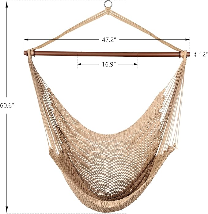 Upgraded Caribbean Hammock Chair with Detachable Metal Bar, Large Hammock Swing Chair, XL Rope Hanging Chair for Outdoor Indoor, 330 LBS Weight Capacity, Burlywood