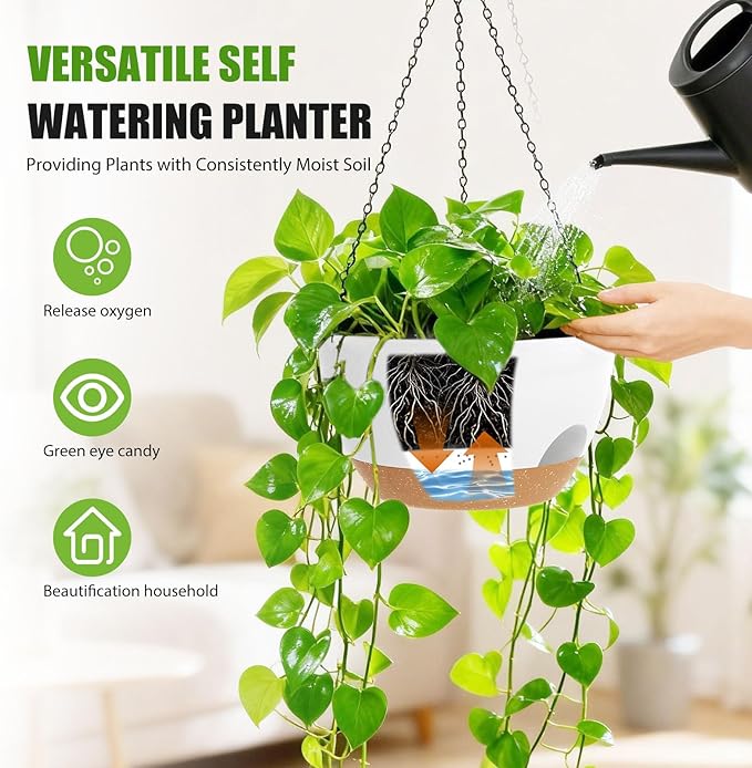 8 Inch Hanging Planters for Indoor Outdoor Plants, 4 Pack White Brown Plastic Self Watering Hanging Baskets with Drainage Holes and Chain for Garden Porch