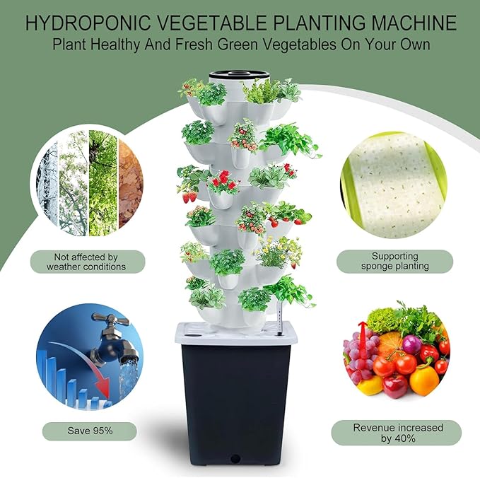 Hydroponics Tower Indoor Growing System Vertical Garden Planter Indoor Smart Garden Kit with Pump and Movable Water Tank Vegetable Plant Gift for Gardening Lover (30-Plants)