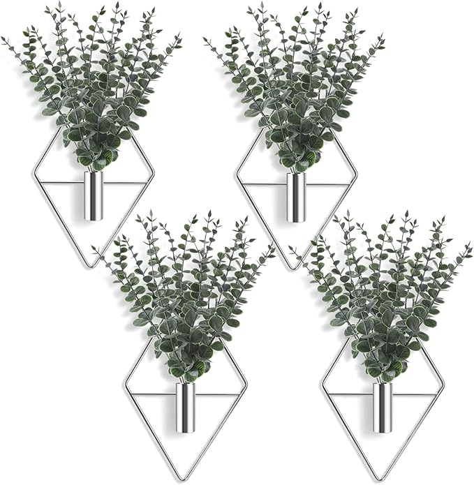 Jexine 8 Pcs Hanging Planters with Artificial Eucalyptus Metal Hanging Vase Indoor Plants Holder Modern Geometric Boho Bathroom Wall Decor for Living Room Home Office (Eucalyptus,Silver)