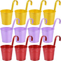 OBTANIM 12 Pack Metal Hanging Flower Pots Railing Planter Outdoor Fence Hanging Bucket Plant Holder with Detachable Hooks Drain Holes for Home Garden Yard Decor (Yellow Purple Red, 4 x 4 Inch)