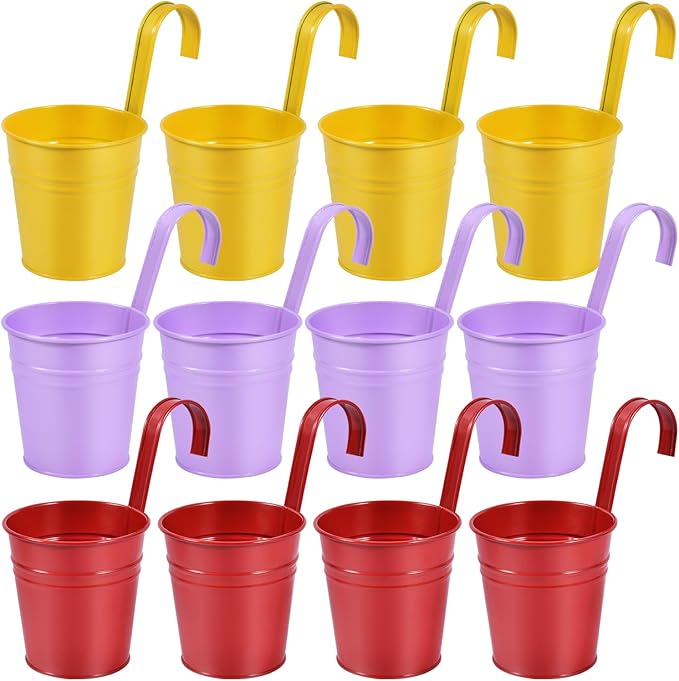 OBTANIM 12 Pack Metal Hanging Flower Pots Railing Planter Outdoor Fence Hanging Bucket Plant Holder with Detachable Hooks Drain Holes for Home Garden Yard Decor (Yellow Purple Red, 4 x 4 Inch)