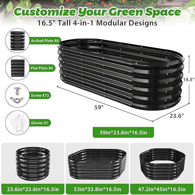 17" Tall Outdoor Garden Raised Garden Bed Kits, 5ft X 2ft Oval,0.8MM Thick Metal Raised Planter Bed/Ground Planter Box for Variety of Flowers,Herbs,Vegetables (Black, 60X24X16.5 Inches)