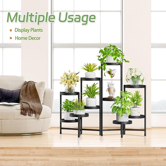 iDavosic.ly Plant Stand Indoor Outdoor, 10 Tier Corner Metal Flower Display Holder Shelf, Easy Assembly Folding Tall Orchid Rack for Patio Balcony Porch Garden Living Room House, Black
