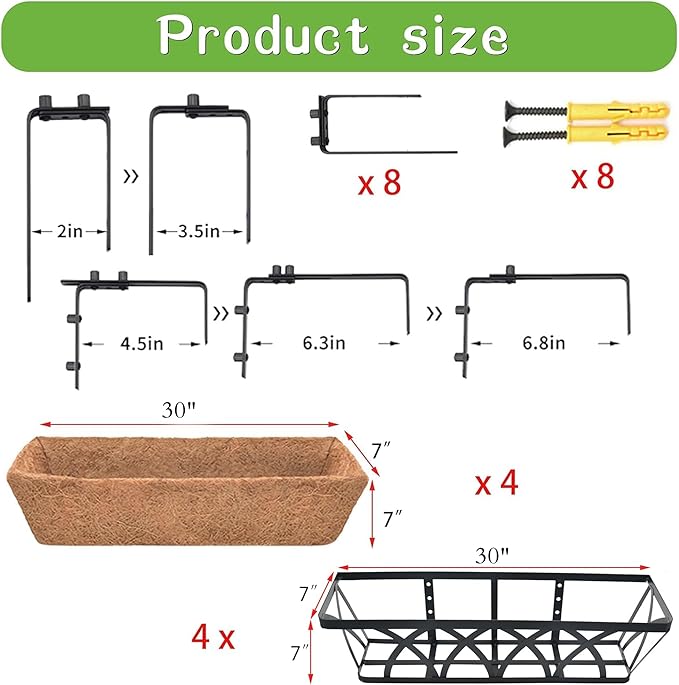 Window Deck Railing Planters Boxes with Coconut Liner, The Bottom Flat Window Boxes Planters Flower Boxes Metal Black Balcony Planter Railing Hanging for Outdoor Fence Porch Patio Lawn(4Pcs 30 Inch)