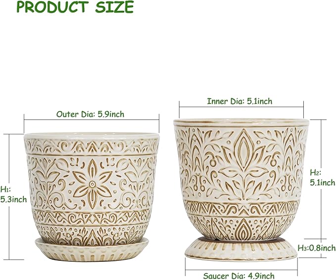 Gepege 6 Inch White Ceramic Planter, Plant Pot with Drainage Holes and Saucers for Indoor Plants, Birthday for Women Mom