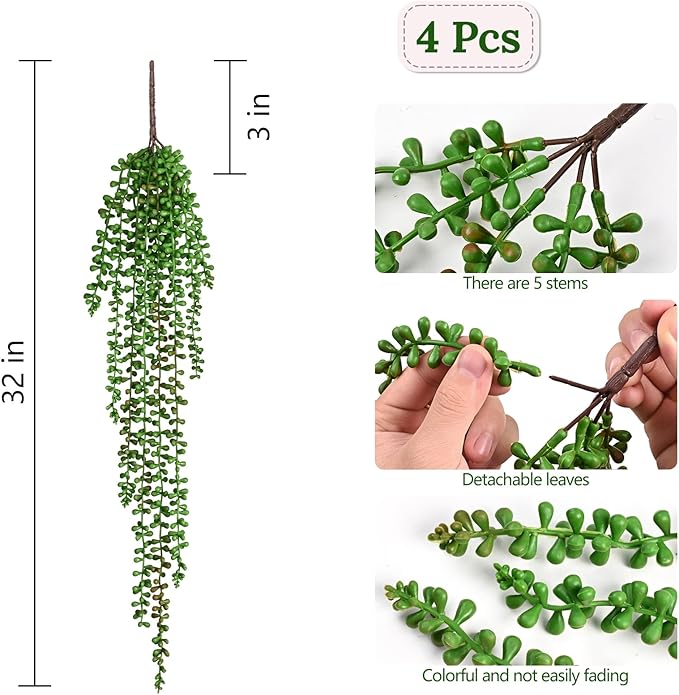 Waipfaru 4Pcs Artificial Hanging Plants, Fake Vines Fake Hanging Plants for Outdoors UV Resistant Ivy Artificial Plants Outdoor Faux Plants Indoor Bedroom Living Room Boho Wall Porch Shelf Decor