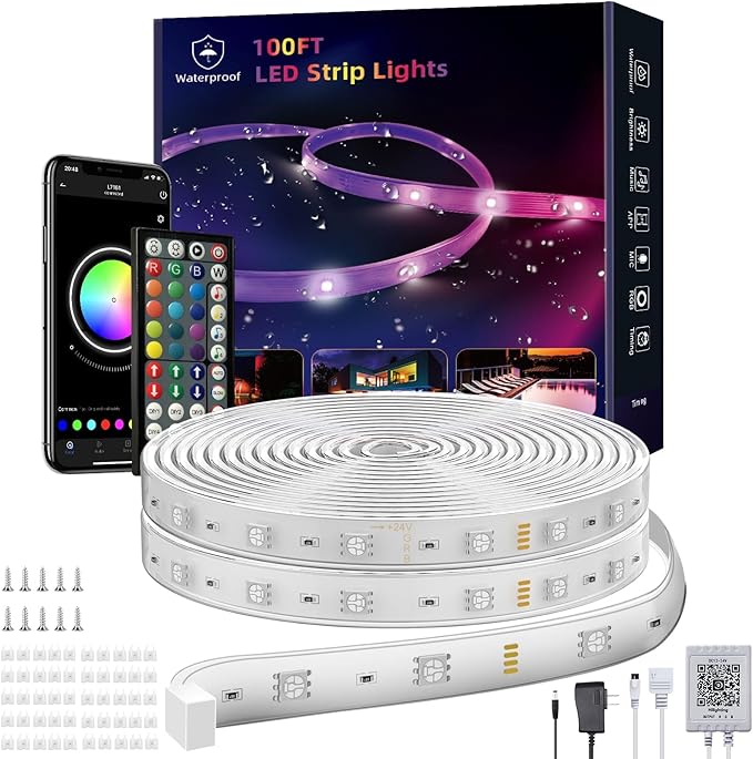 100ft(2*50ft) Outdoor Led Strip Lights Waterproof, Ip68 Outside Led Light Strip Waterproof with Remote and App Control, Exterior Led Rope Lights Music Syne RGB Strip Lights for House Party