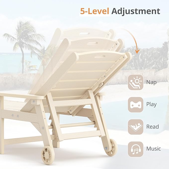 LUE BONA Outdoor Chaise Lounge Chairs Set of 4, HDPS Chaise Lounger, 5 Positions Adjustable Lounge Chairs, Pool Lounge Chair with Wheels for Poolside, Sand