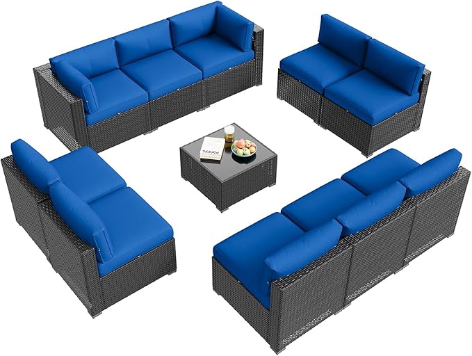 Aoxun Patio Furniture Set, 11 Piece Outdoor Sectional Sofas with Waterproof Cover, 10 Seats Wicker Rattan Outdoor Furniture Patio Conversation Set for Backyard, Garden Navy Blue