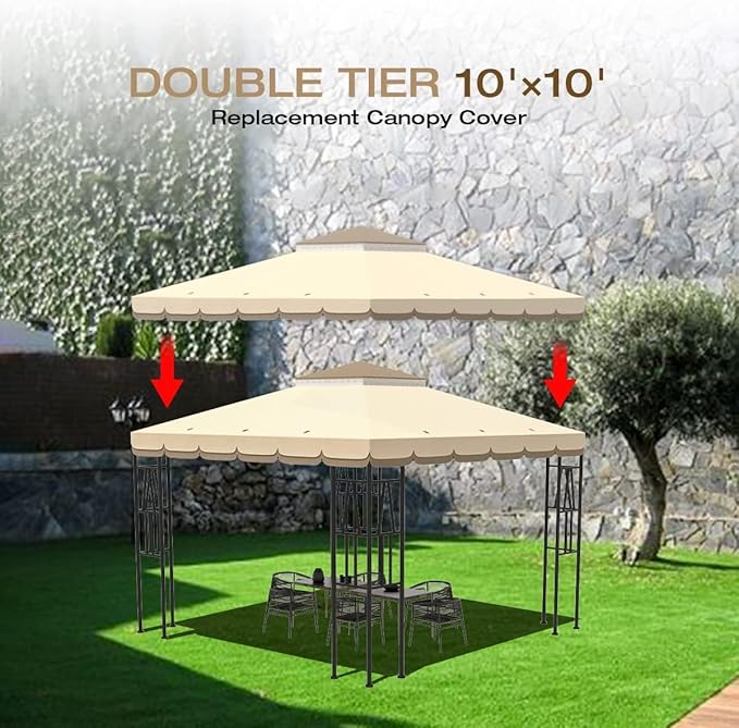 10x10 Canopy Replacement Top Double Tiered Gazebo Cover for Yard, Patio & Garden Durable Sunshade Replacement (BeigeBrown with lace)